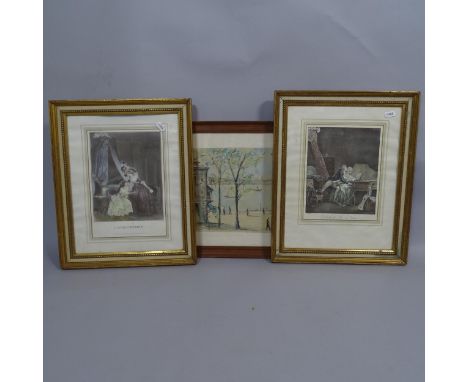 Watercolour, stylised French river view, signed, and a pair of erotic French prints, all framed (3) 
