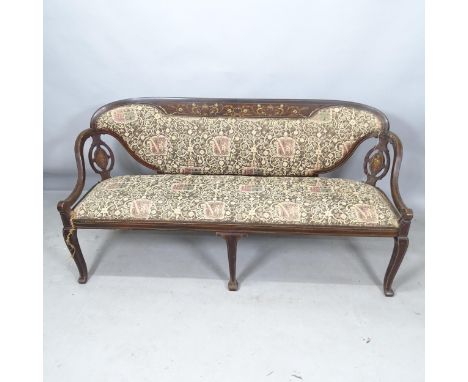 An Edwardian mahogany and satinwood-strung tapestry-upholstered settee, with inlaid foliate decoration, 150cm x 75cm x 55cmFr