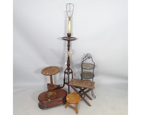 A mahogany standard lamp, height to bayonet 141cm, a brass and wrought-iron 3-tier, a milking stool etc (6) 