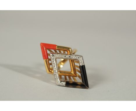 AN 18ct YELLOW GOLD 1960'S CORAL, ONYX AND DIAMOND RING.