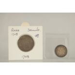 A GEORGE III SIXPENCE, 1818 AND A QUEEN ANNE SHILLING, 1708 (2)