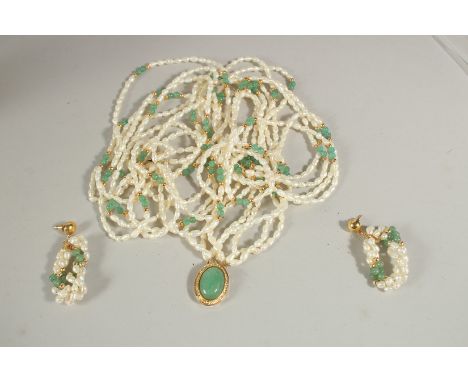 A GOOD SEVEN-ROW PEARL AND JADE NECKLACE AND EARRINGS, in a bag.