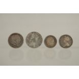 A QUEEN ANNE SIXPENCE, 1703, VICO G/F and three George III coins (4).