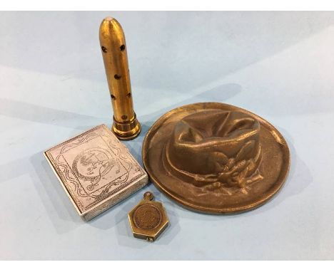 Cigarette tin, lighter, slouch hat ashtray and a tracer bullet cartridge