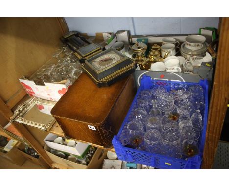Oak sewing box, two boxes of glass, barometer etc.
