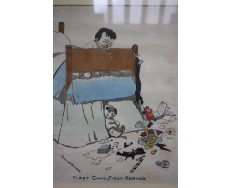 Jennie Watson, watercolour, signed, 'First Come First Served', 29cm x 22cm