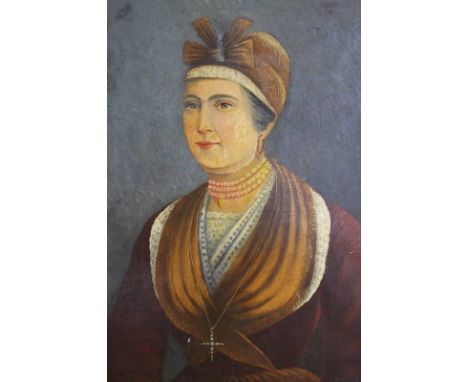 19th century Continental School, oil on canvas, unsigned, half length portrait of a lady, (Inscribed verso Anne Lacroix Mere,