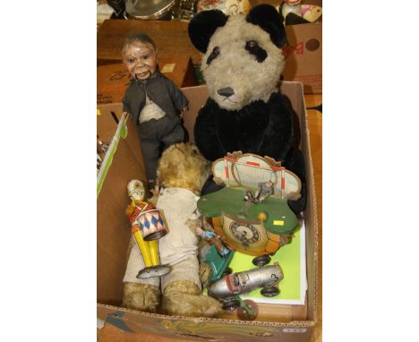 A box of vintage toys, ventriloquist dummy etc.
