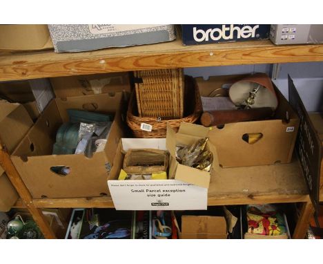 A shelf of miscellaneous to include novelty sign 'We buy junk and sell antiques'