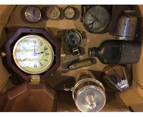 Box of assorted, including compass, a hip flask etc.