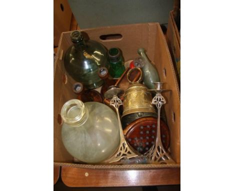 A box of miscellaneous, candlestick holders etc.