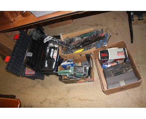 A quantity of power tools, folding chairs, toolboxes etc.