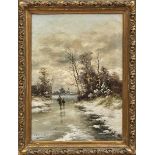 Jungblut, JohannWinterlandschaft mit Heimkehrern auf vereistem Flusslauf(Saarburg 1860-1912