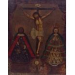Andachtsbild mit Christus am Kreuz zwischen zwei HeiligenMexiko, E. 18. Jh.Am Unterrand Inschrift,
