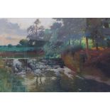 Kehr, KarlFlusslandschaft mit kleinem Stauwehr(Nürnberg 1866-1919 Neuenstein/Öhringen) Gouache.