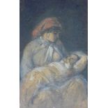 Mutter mit KindUm 1900Sitzende Mutter mit Kopftuch und zum Stillen entblößter Brust mit ihrem