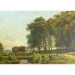 Am Waldrand gelegenes Bauernhaus2. H. 19. Jh.Rechts auf einem Feldweg heimkehrende Bauern. Öl/Lwd.