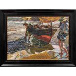 Sorolla y Bastida, Joaquín - in der Art desRückkehr der FischerUm 1900. Anlandendes Boot mit drei