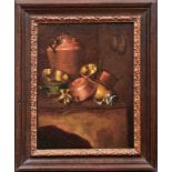 Küchenstilleben mit KupfergeschirrItalien, 17. Jh.Öl/Lwd., doubliert. 44,5 x 34 cm.