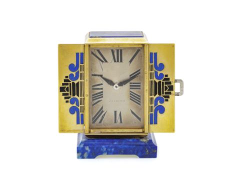 Janesich, pendulette&nbsp;Art Déco en or 750, platine et émail sertie de diamants, base en lapis lazuliMouvement: mécaniqueBo