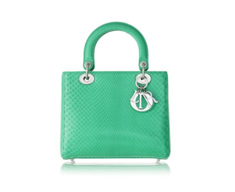Christian Dior, sac Lady Dior en python vert menthe à l'eau, charmes D.I.O.R, bandoulière, housse, 20x24 cm