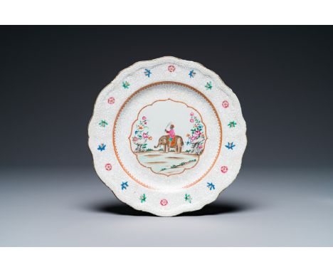 A Chinese famille rose 'elephant and rider' plate for the Indian market, Qianlong Dia.: 26 cm