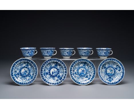 Five Chinese blue and white cups and four saucers with boys carrying a vase, Kangxi mark, Guangxu Dia.: 8,3 cm - H.: 5,3 cm (