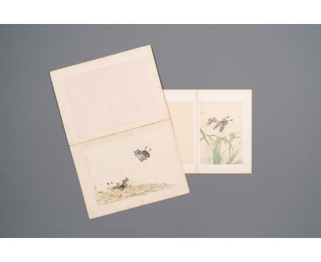 Chinese school: Two parts of an album with four drawings and a calligraphy, Lisheng ç¬ ç”Ÿ seal mark, 19/20th C.Dim.: 43,5 x 