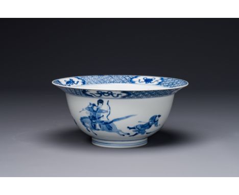 A Chinese blue and white 'klapmuts' bowl with a killing scene, Chenghua mark, KangxiDim.: 21 cm x 9,5 cm