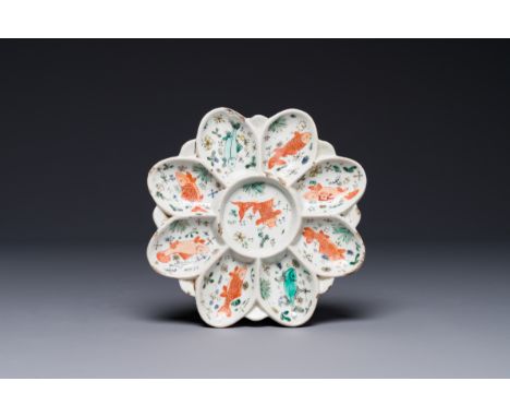 A rare Chinese famille verte sweetmeat dish with fish design, Kangxi Dia.: 18 cm