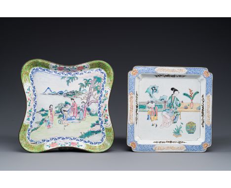 Two Chinese Canton enamel square trays with narrative design, Shou å£½ mark, 18/19th C.Dim.: 24,2 x 24,2 cm (with green borde