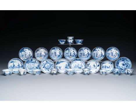 Thirteen Chinese blue and white saucers and twelve cups with figural design, Kangxi/YongzhengDia.: 11,5 cm (the largest sauce