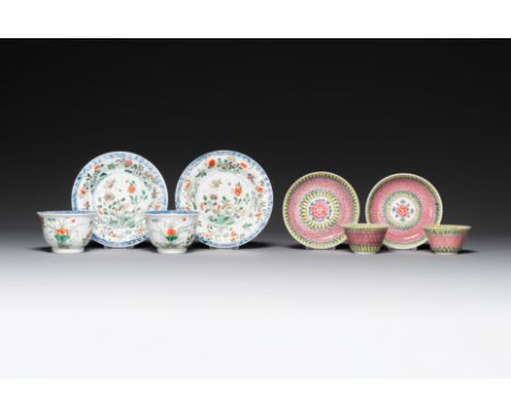 A pair of Chinese famille verte and a pair of famille rose cups and saucers, Kangxi/Yongzheng Dia.: 13,5 cm (the largest sauc