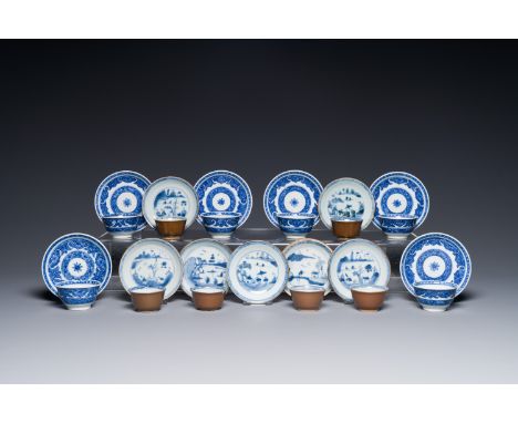 12 Chinese blue and white cups and 13 saucers, including capucin-brown glazed, Kangxi/QianlongDia.: 6 cm - H.: 3,5 cm (the bl