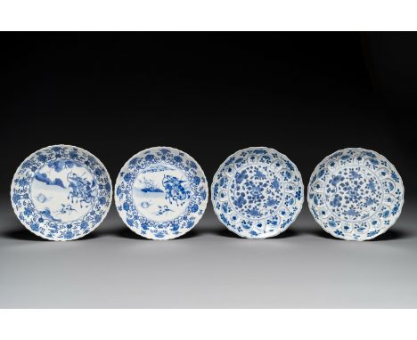 A pair of Chinese blue and white 'Mongolian hunting scene' plates and a pair of plates with floral design, Chenghua and Kangx