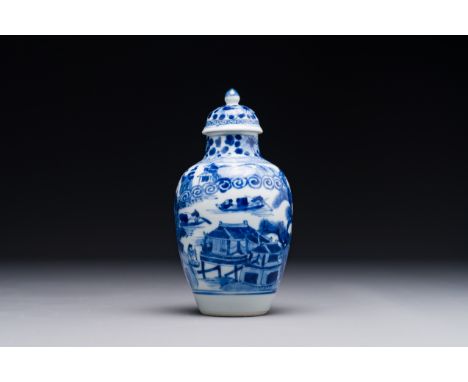 A Chinese blue and white covered vase with fishermen in a river landscape, jade mark, KangxiH.: 14,5 cm (incl. cover)