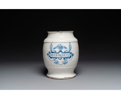 A large Delft blue and white albarello drug jar, probably England, 18th C. H.: 31 cm