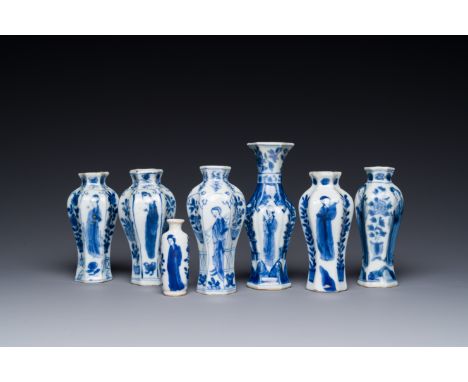 Seven Chinese blue and white 'Long Eliza' miniature vases, KangxiH.: 11 cm (the tallest)