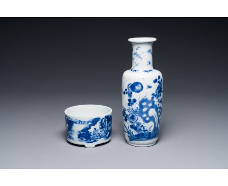 A Chinese blue and white rouleau vase and a tripod censer, KangxiH.: 21,5 cm (the vase)Dia.: 9,5 cm - H.: 7 cm (the censer)