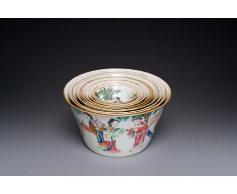 A rare set of ten Chinese famille rose 'erotic' nesting bowls, Daoguang mark and of the period Dia.: 11 cm (the largest) Dia.