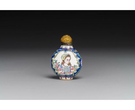 A Chinese Canton enamel snuff bottle with 'European scene', Qianlong mark, 19th C.H.: 6 cm (incl. stopper)