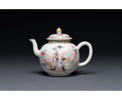 A fine Chinese famille rose teapot with a cat, lady and child, Yongzheng L.: 16 cm - H.: 12 cm  