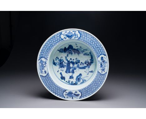 A Chinese blue and white 'Xi Xiang Ji' basin, Yongzheng Dia.: 40,4 cm - H.: 10 cm  