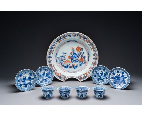 Four Chinese blue and white cups and saucers and a Chinese Imari-style shaving bowl, Kangxi QianlongDia.: 31 cm (the shaving 