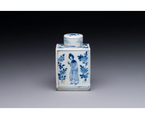 A rectangular Chinese blue and white 'Long Eliza' tea caddy and cover, KangxiH.: 9,7 cm (incl. cover)H.: 8,7 cm (excl. cover)