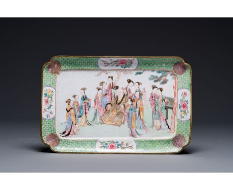 A fine rectangular Chinese Canton enamel ruby-back dish with figural design, YongzhengDim.: 34 x 22 cm