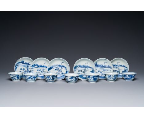 Seven Chinese blue and white cups and six saucers, Transitional period/early KangxiDia.: 8 cm - H.: 4,2 cm (the cups)Dia.: 11
