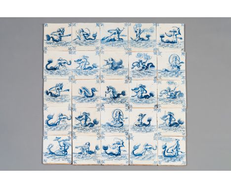 An exceptional set of 25 Dutch Delft blue and white tiles with fine sea monsters, Harlingen, Friesland, 17th C. Dim.: ca. 13 
