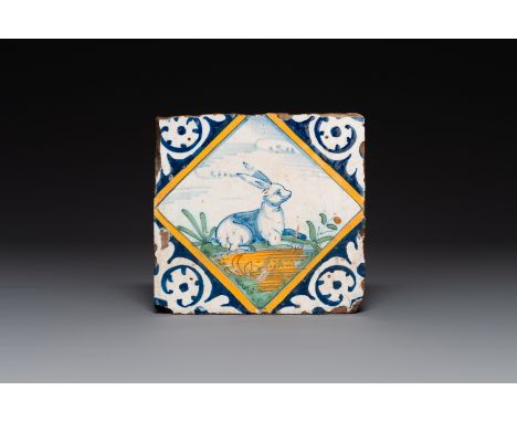A polychrome Dutch Delft maiolica tile with a hare, ca. 1600 Dim.: 13,5 x 13 cm