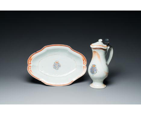 A rare Chinese export porcelain ewer and basin with crowned monogram 'RLI', Qianlong H.: 26 cm - L.: 18 cm (the ewer and cove